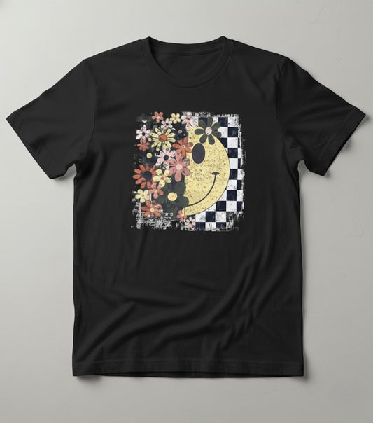 Retro Floral Smiley Checkerboard Tee