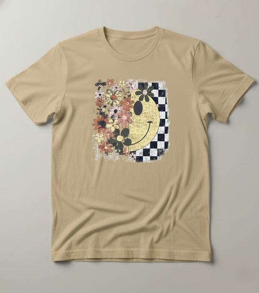Retro Floral Smiley Checkerboard Tee