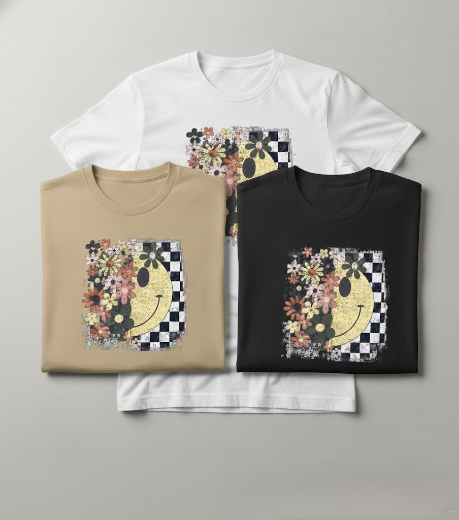 Retro Floral Smiley Checkerboard Tee