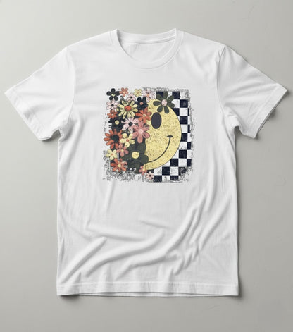 Retro Floral Smiley Checkerboard Tee